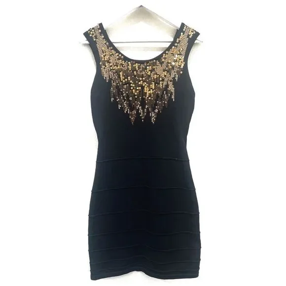 Y2K 2b Bebe Black Metallic Gold Sequin Bandage Sleeveless Cutout Back Slip - Picture 6 of 14